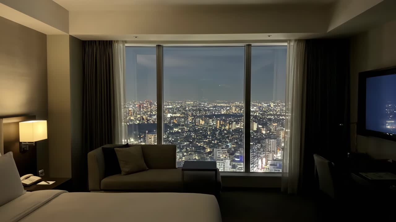 夜の活気ある街を見下ろすモダンなホテルの一室