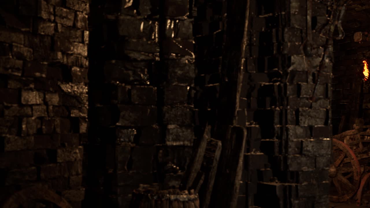 страшные темные подземелья с каменными стенами, старые бочки, цепи, колеса машины, старый вагон, и факелы, 3d анимация камера dolly право