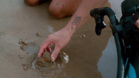 una pareja recogiendo conchas en la playa.