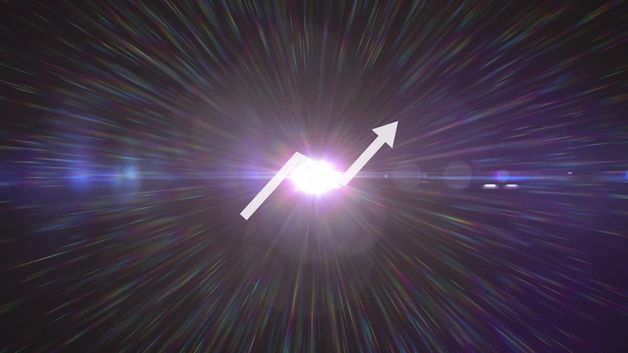 White up arrow glowing, being masked by growing burst as bright core emerging to highlight trend