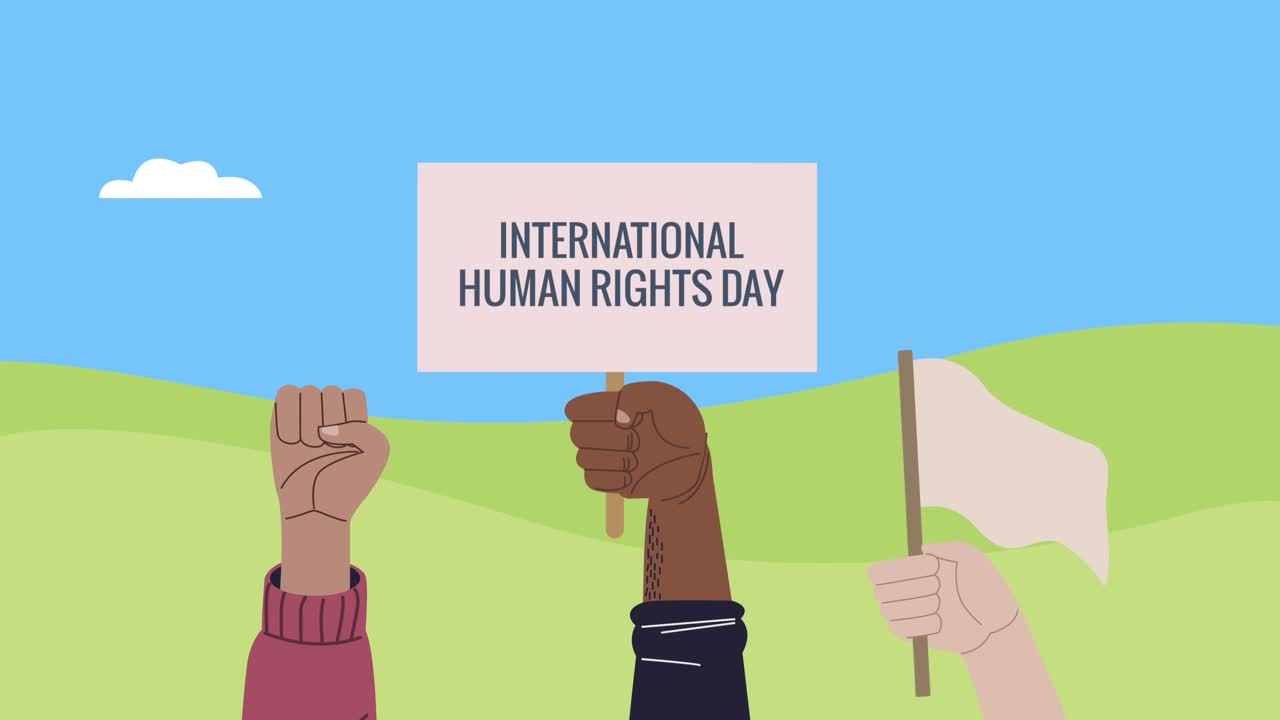 human rights lettering in label and flag hands lifting