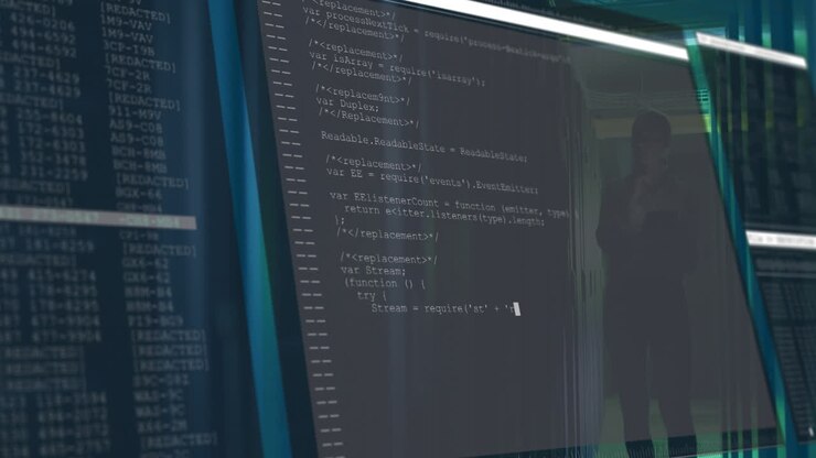 Animation på computerskærm med refleksion af person i baggrunden