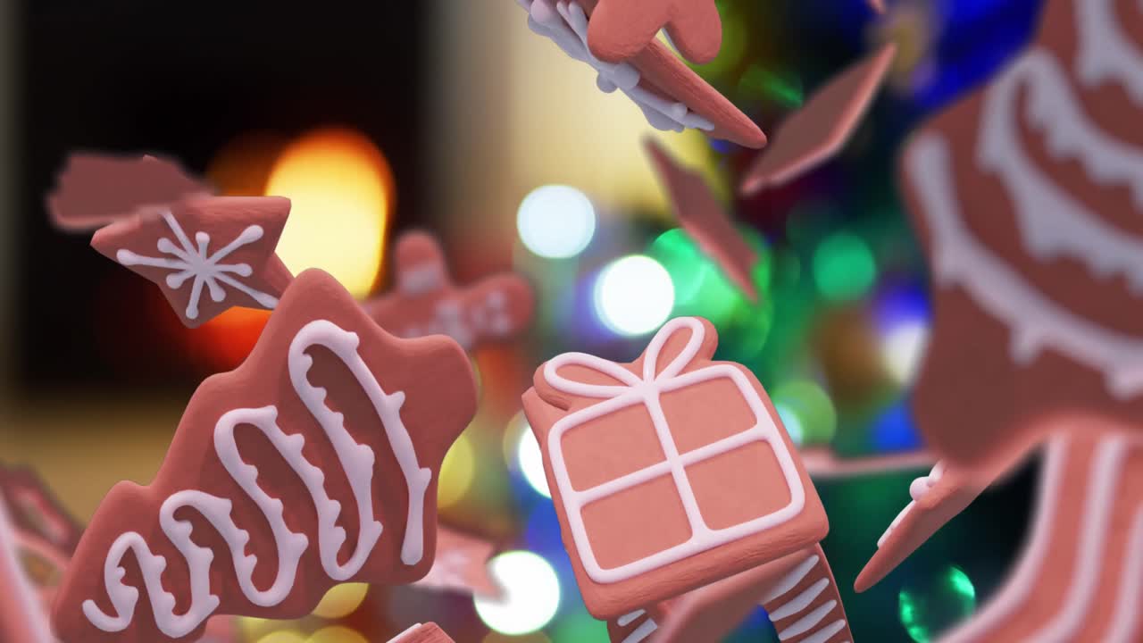 animación de galletas de pan de jengibre de navidad sobre la chimenea de navidad