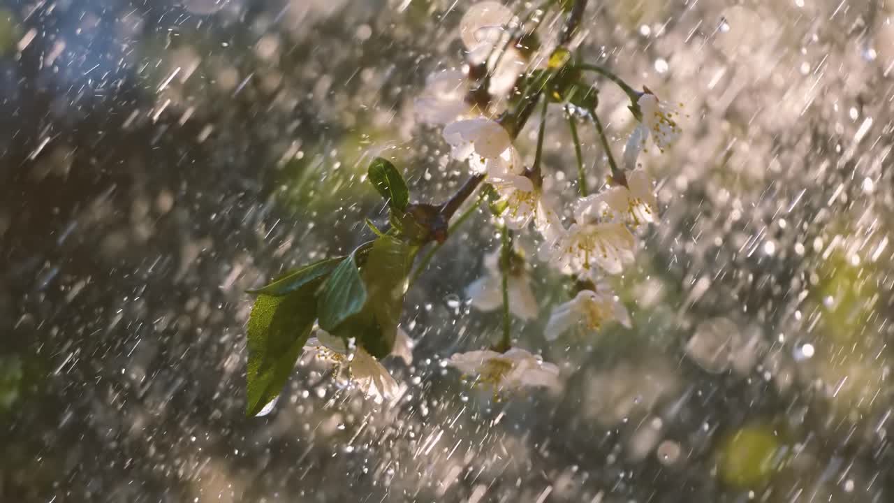 Cherry blossom period. Drops of spring rain fall on a cherry blossom. Shot on super slow motion camera 1000 fps.