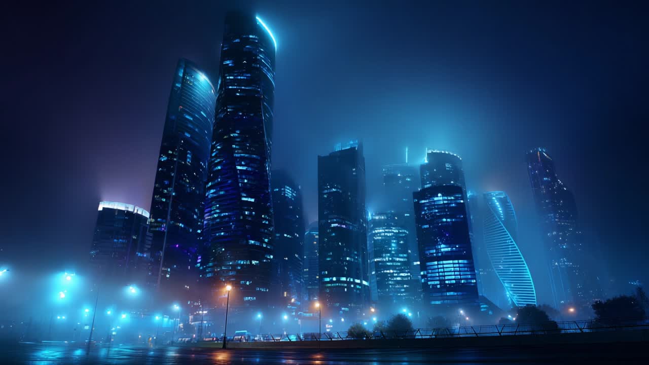 A Captivating Urban Skyline at Night: Dazzling Lights and Fog Create a Mysterious Ambience in a Futuristic Cityscape, Showcasing the Beauty of Modern Architecture Amidst a Dreamlike Atmosphere