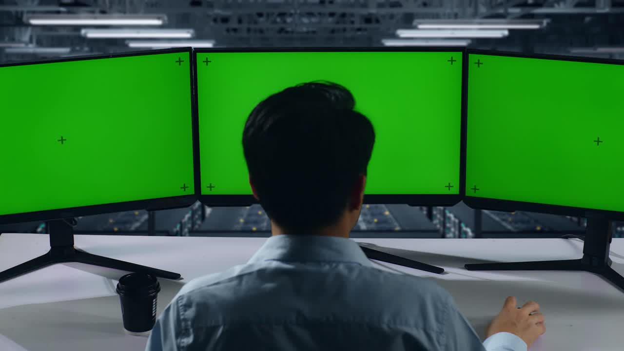 데이터 센터에서 여러 컴퓨터 모니터를 모방하는 동안 스트레칭하는 피곤한 아시아 남자의 뒷면