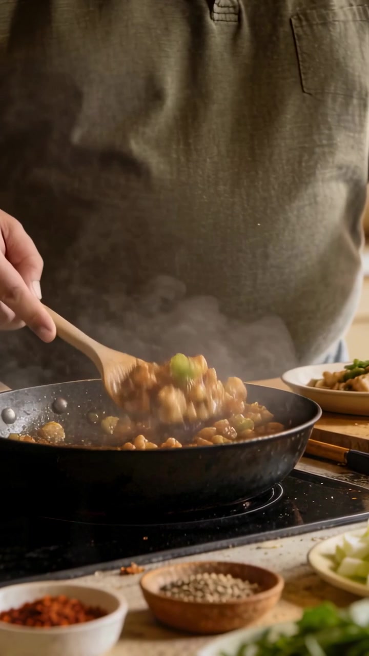 Video verticale: Vapore che sale, uomo in polo verde che mescola e preleva dalla padella al piatto ai fornelli con un cucchiaio.