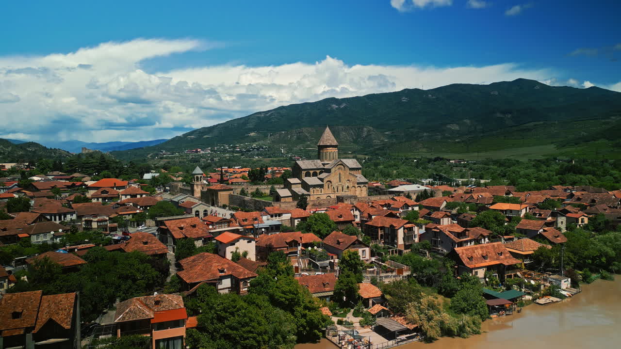 Aerial View of Historic Mtskheta, Georgia, with Svetitskhoveli Cathedral and River