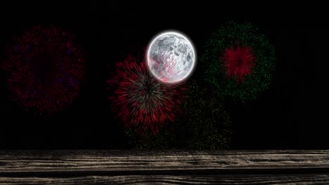 Animation-of-full-moon-with-colourful-christmas-and-new-year-fireworks-exploding-in-night-sky