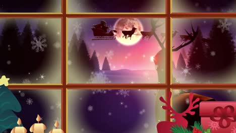 animación de la escena de navidad de invierno con el trineo de santa visto a través de la ventana