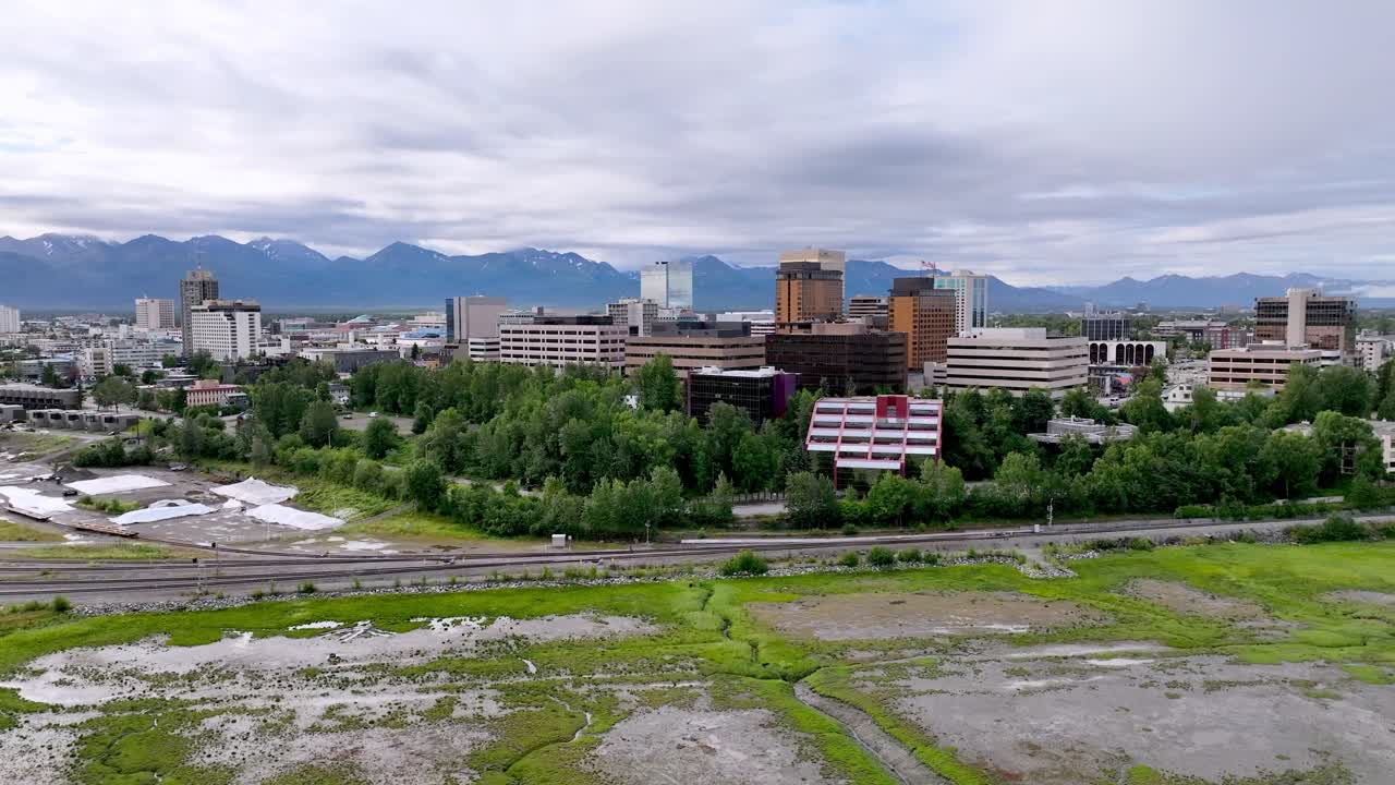 Aerial View of Anchorage, Alaska Skyline and Chugach Mountains