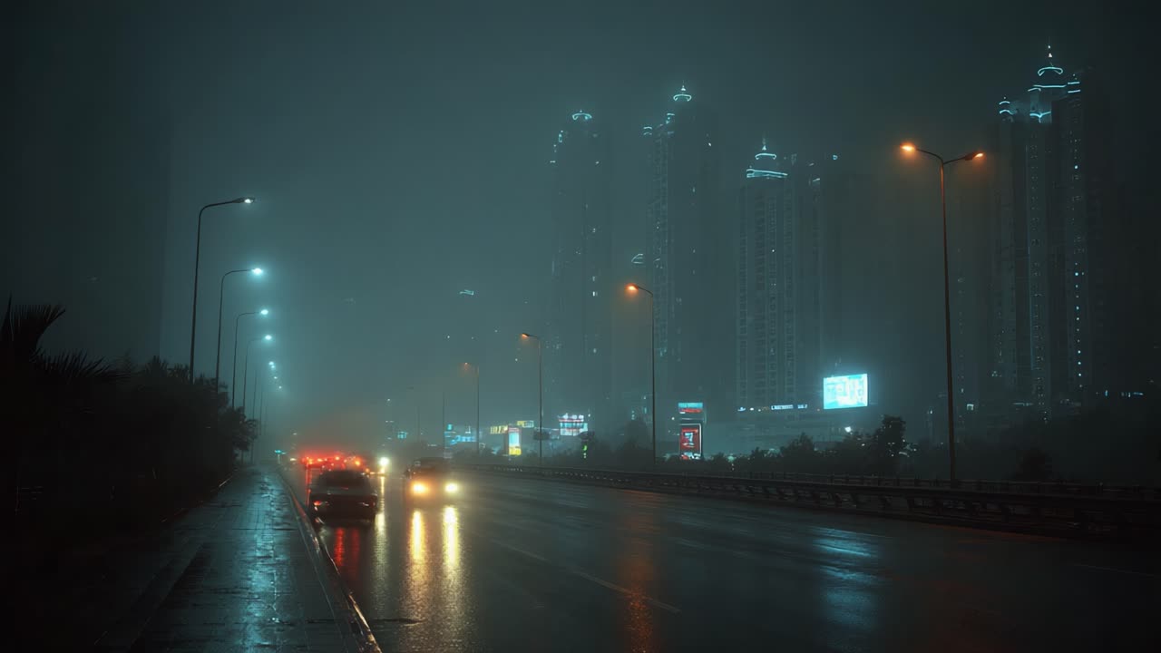 Mysterious Night Drive Through Foggy City with Glimmering Lights Reflecting off Wet Highway and Shadows of Tall Buildings in the Background