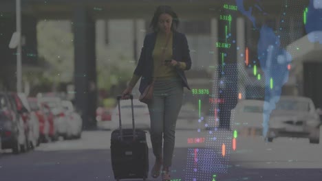 financial data processing against woman with trolley bag walking on the street