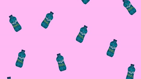 animación de botellas que caen iconos con texto dejar de usar plástico sobre fondo rosa