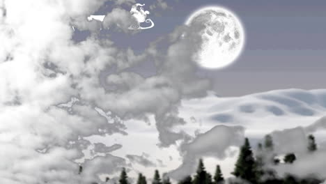 animación de santa claus en trineo con renos sobre nubes y luna