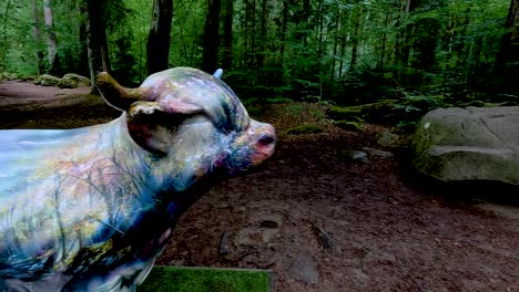 a vibrant bull statue amidst lush greenery