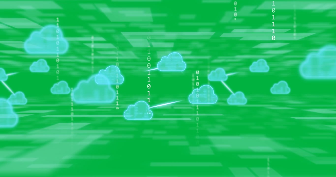 Animation of squares with data processing over cloud icons on transparent background