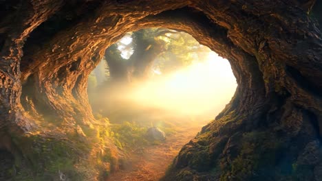 a large tree in the middle of a forest with a path leading through it