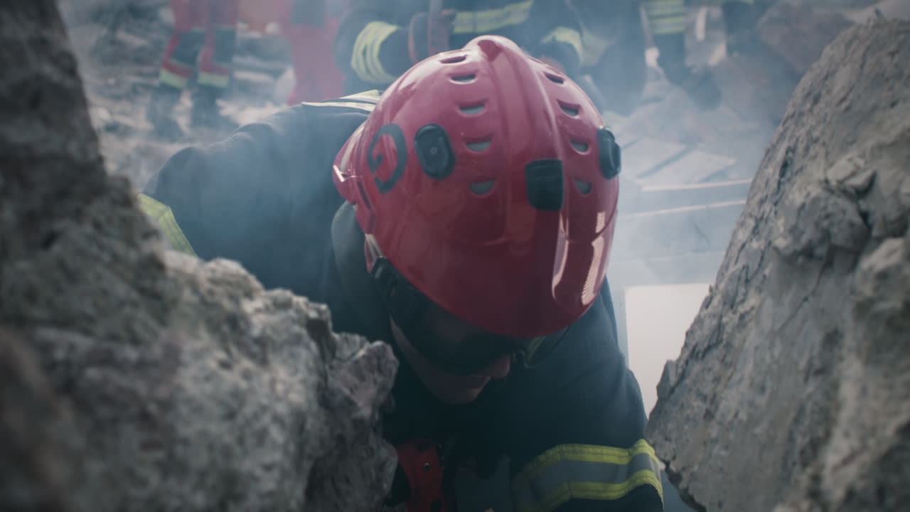 Firefighter Rescuing Victims from Debris