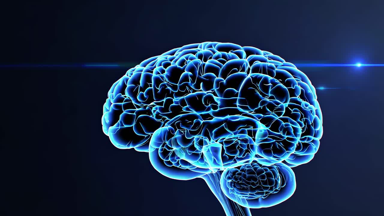 The video showcases a glowing digital brain model, emphasizing neural connections with a futuristic