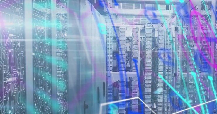 Animation of colourful data processing over motherboard and computer servers in server room