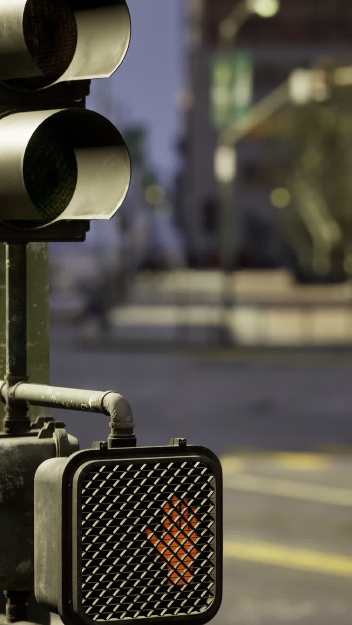 Intersección urbana nocturna con semáforo y guía para peatones