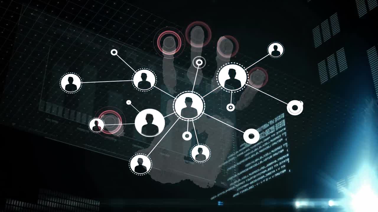 Animazione di una rete di connessioni con icone utente su elaborazione dati, schermi e server.