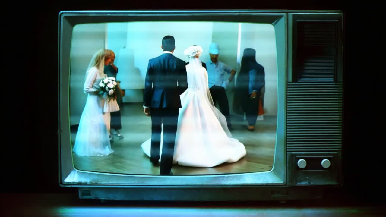 A glitchy representation of a wedding scene featuring a bride and groom, capturing a nostalgic essence of love and commitment through a retro television frame with artistic distortion