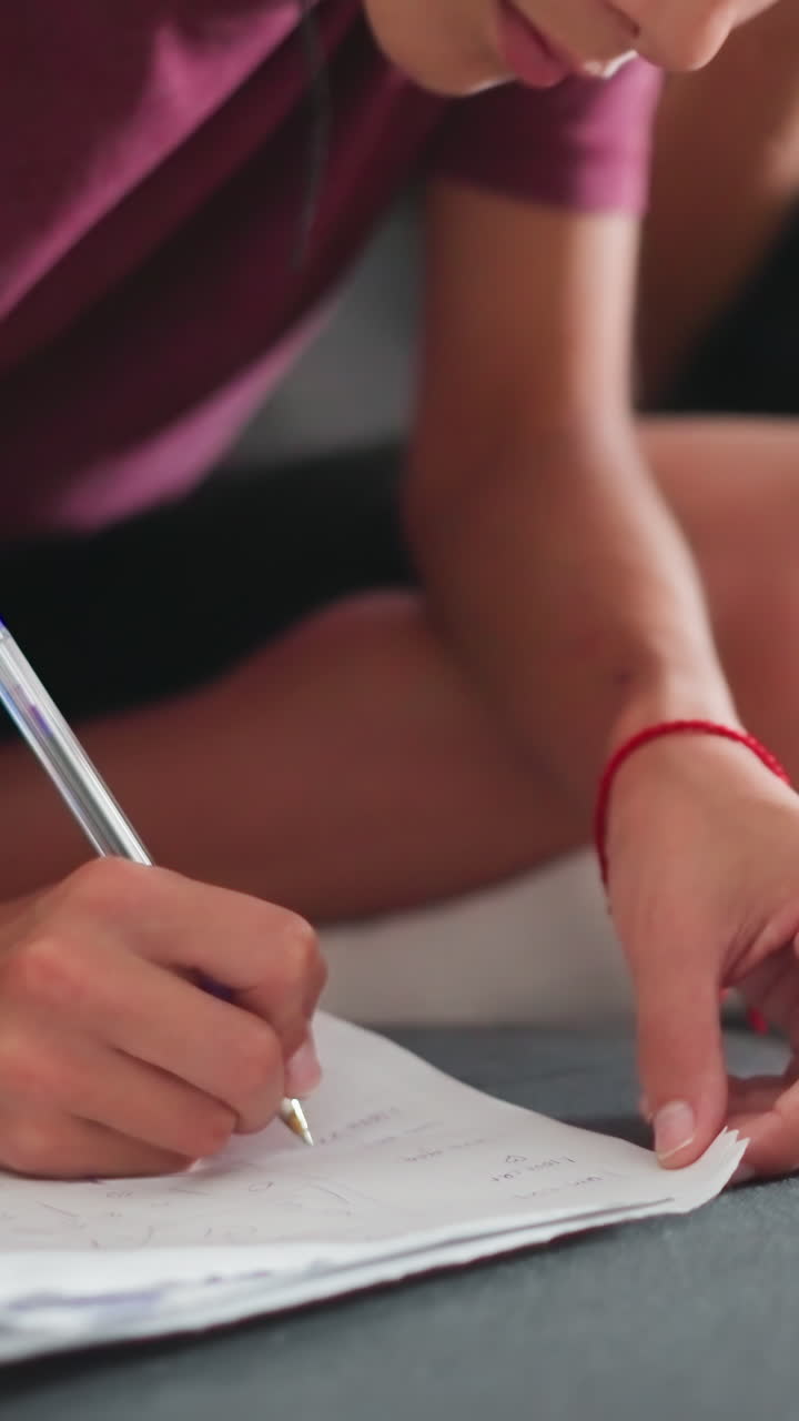 Una niña sentada en un sofá, concentrada, escribiendo en un papel con un bolígrafo azul y llevando una pulsera de cuerda roja; la pierna de otra persona es parcialmente visible a su lado.