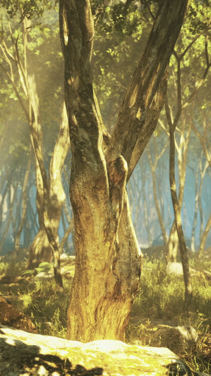 Bright sunbeams filter through lush green trees in a tranquil forest