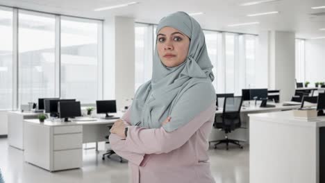 portrait of happy muslim businesswoman standing crossed hands