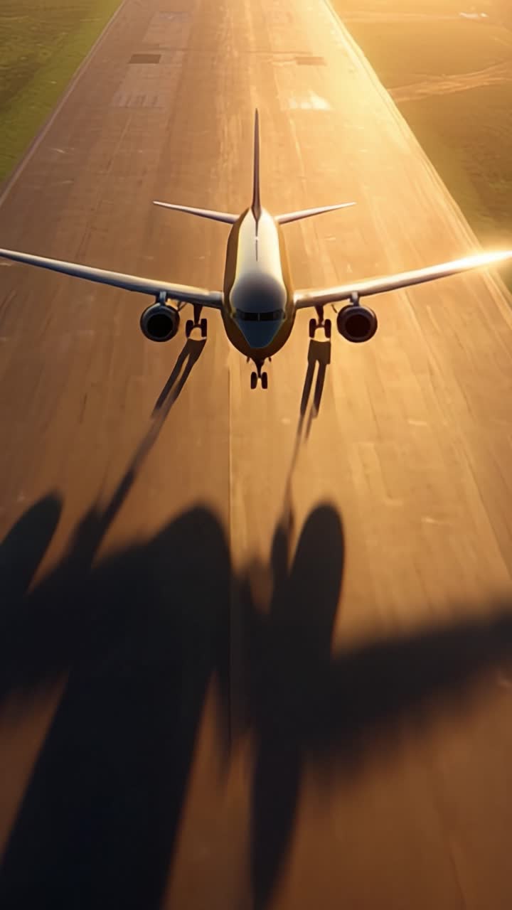 Vista aérea de un avión comercial despegando al atardecer, proyectando largas sombras en la pista con luz dorada, evocando una sensación de aventura y libertad.