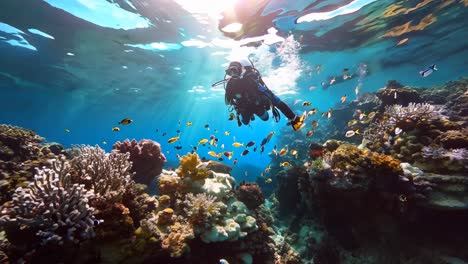 diver exploring vibrant coral reef filled with colorful fish in sunlight