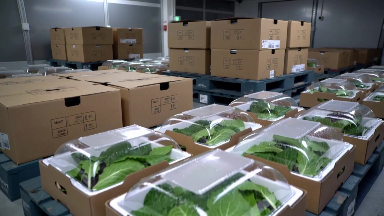 Câmera panorâmica revelando vegetais folhosos em bandejas marrons com cúpulas transparentes em uma câmara fria, para envio.