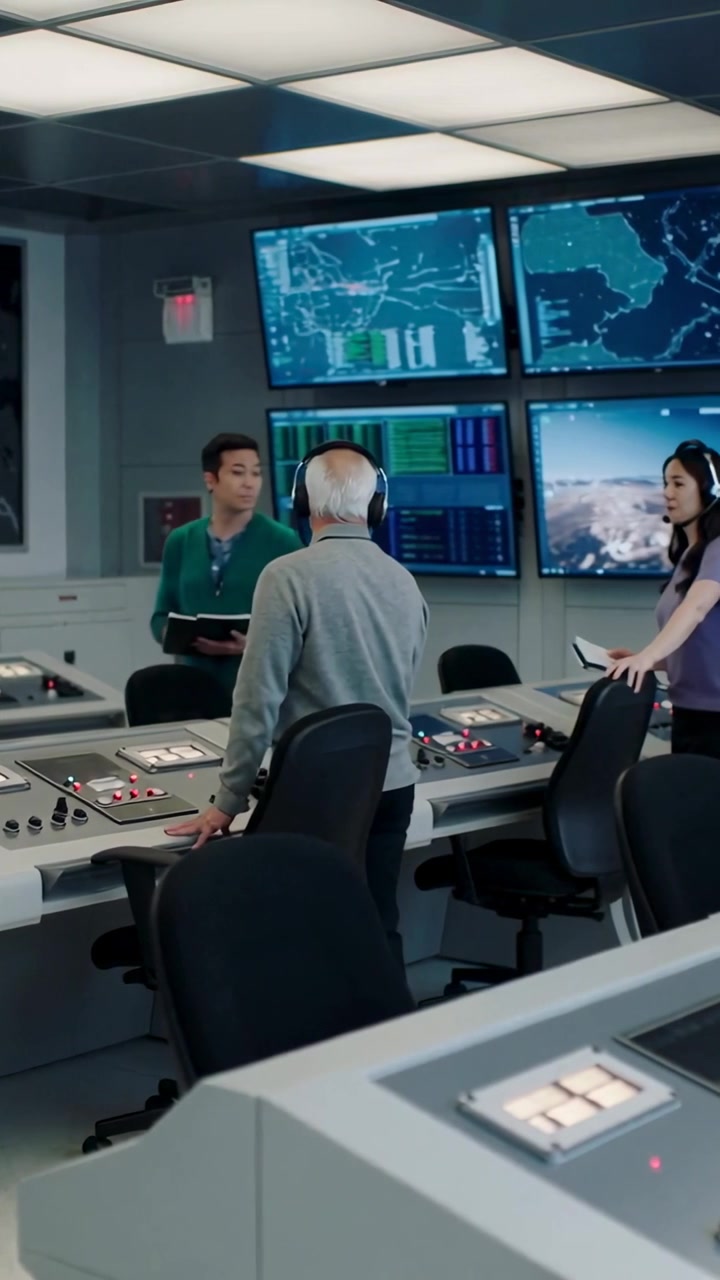 Vertical video: Coordinating operations team monitoring consoles at command center, using tablets
