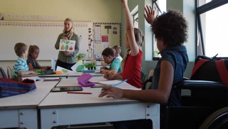 two girls raising their hands in the class