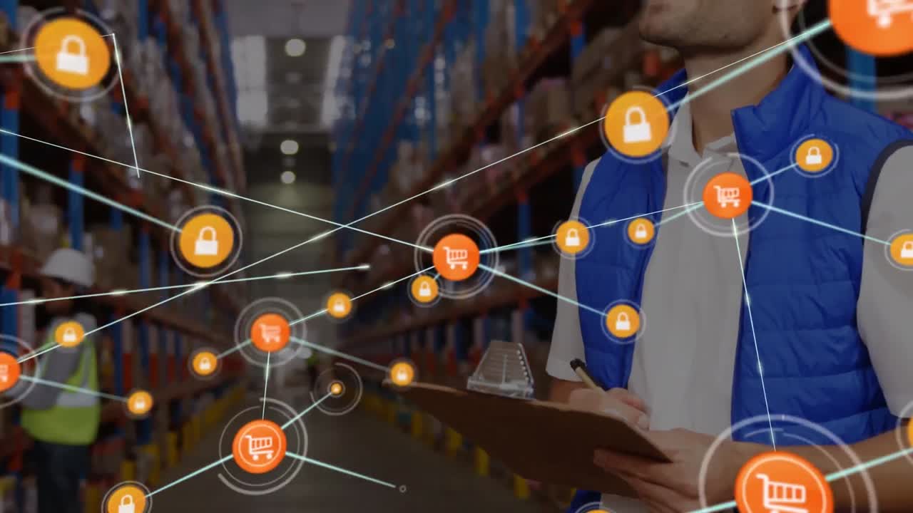 animación de la red de conexiones con iconos sobre el hombre caucásico que trabaja en el almacén