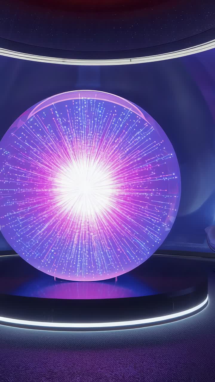 Vertical video: Sparking power charging orb pulsing light rays in dark chamber with ring light