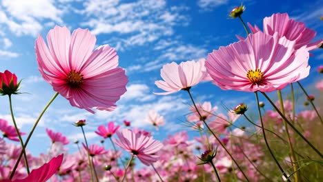 low-angle shot of vibrant pink flowers against a blue sky, capturing a serene, uplifting mood