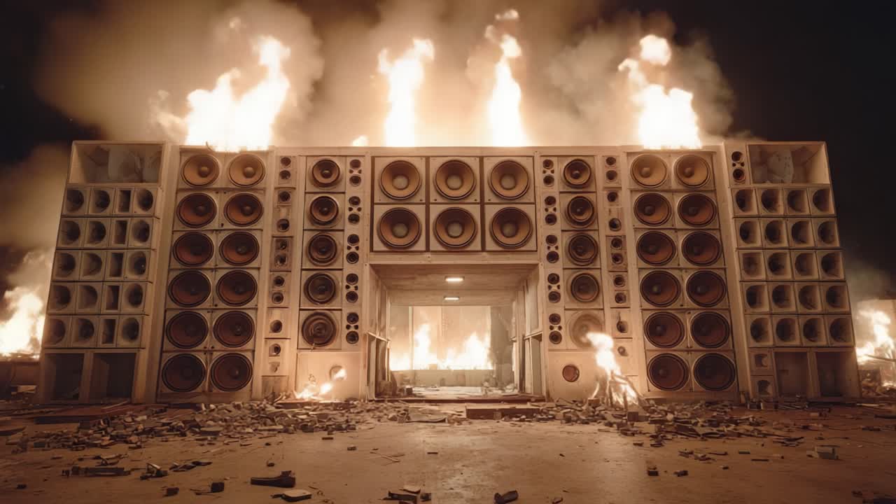 A Massive Sound System Engulfed in Flames: The Striking Transformation of a Powerful Music Installation Under Fire