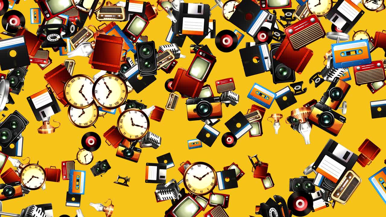 Nostalgic electronics and analog devices fall continuously against a vibrant yellow backdrop in collage style