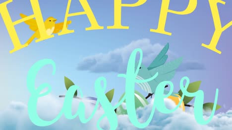 animation of happy easter text over two birds flying and decorated easter eggs on blue background