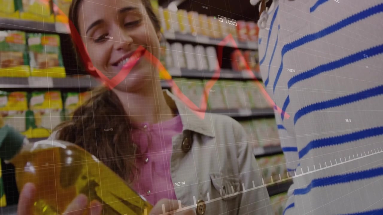 Coppia che scansiona etichette al supermercato, avviando un grafico rosso mentre ruota una bottiglia di olio da cucina per controllare.