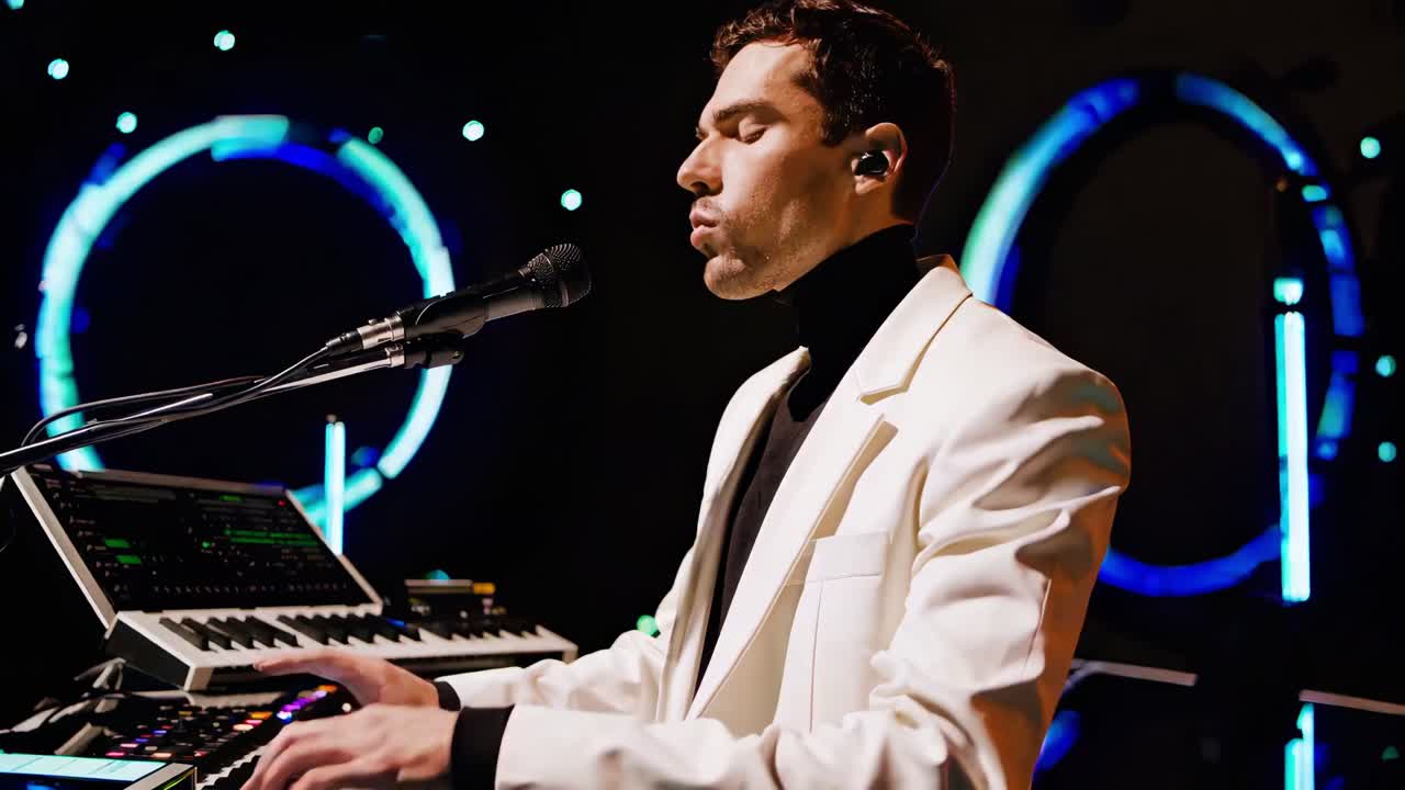Young stylish musician performing on stage with futuristic blue led lights, playing keyboard and singing with intense energy and musical passion, capturing contemporary music performance