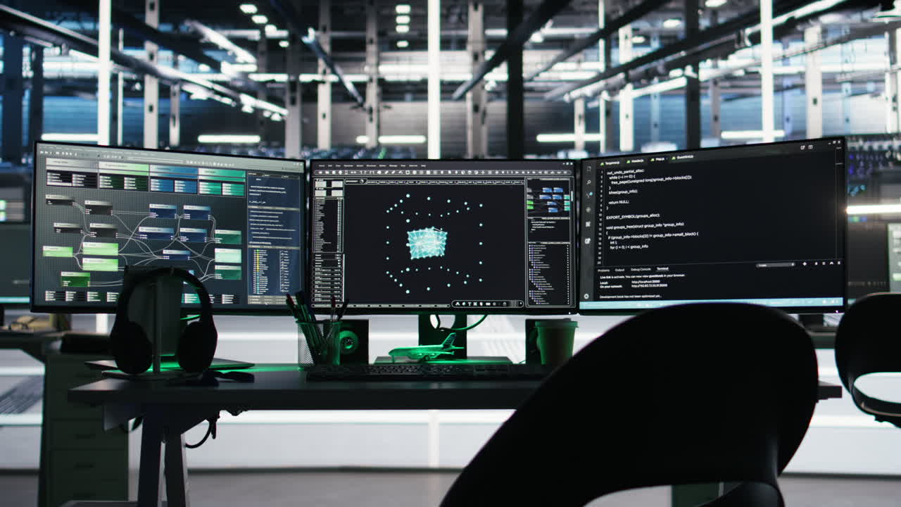 Monitors in data center displaying node tree programming software