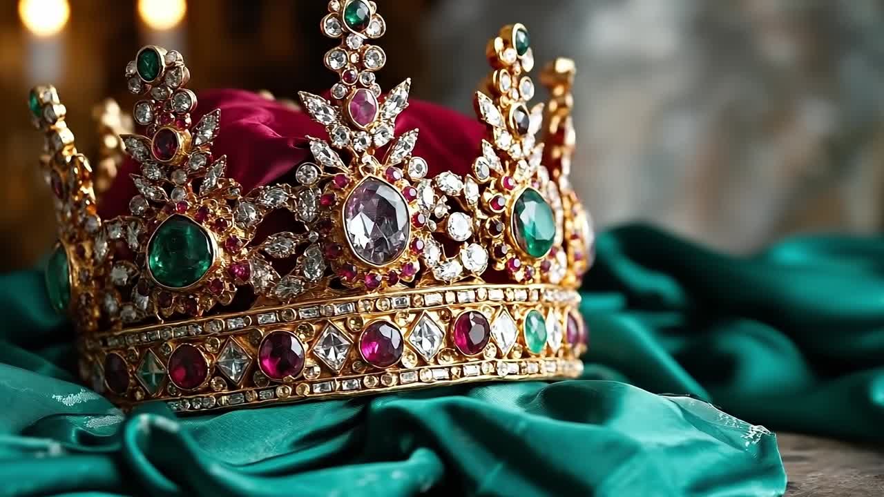 A gold crown sitting on top of a green cloth