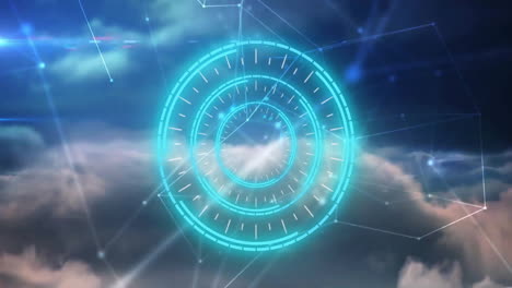 animación de interfaz circular futurista sobre cielo nublado con conexiones de red