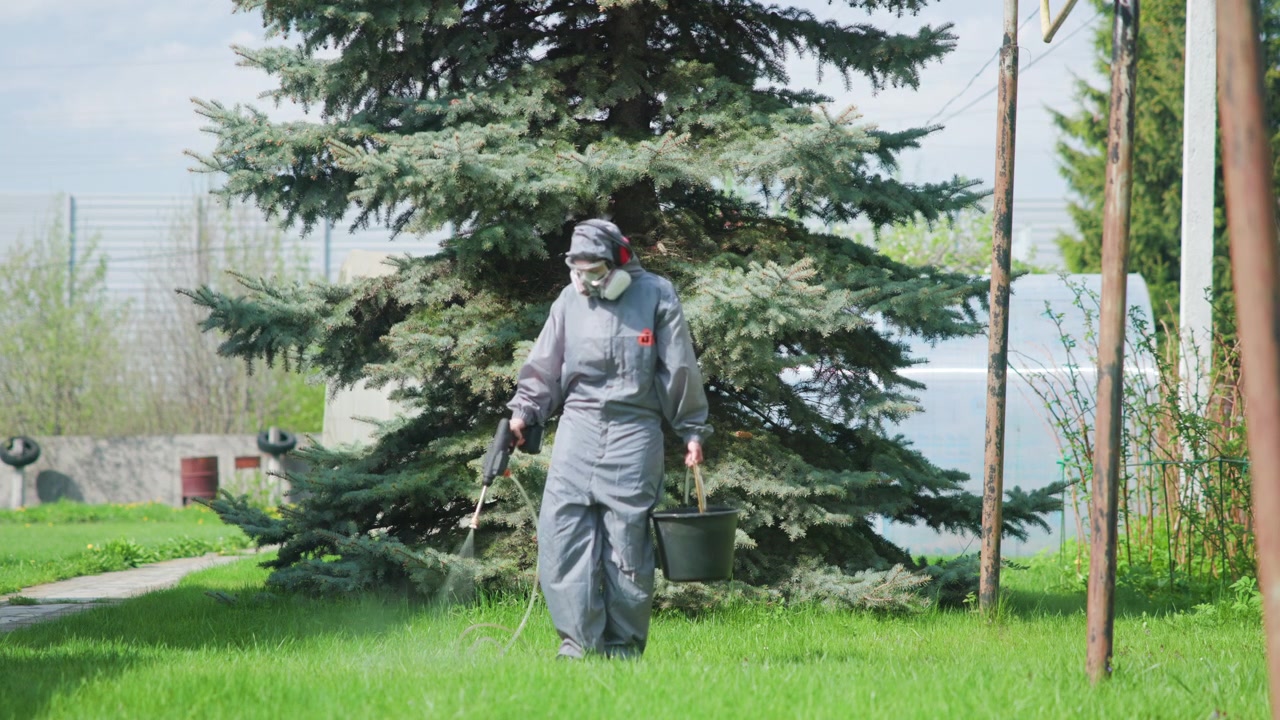 Persona con tuta protettiva, maschera e occhiali protettivi cammina lungo un prato verde accanto a un alto albero sempreverde mentre usa uno spruzzatore portatile per un trattamento esterno in un ambiente calmo e illuminato dal giorno, con un lavoratore