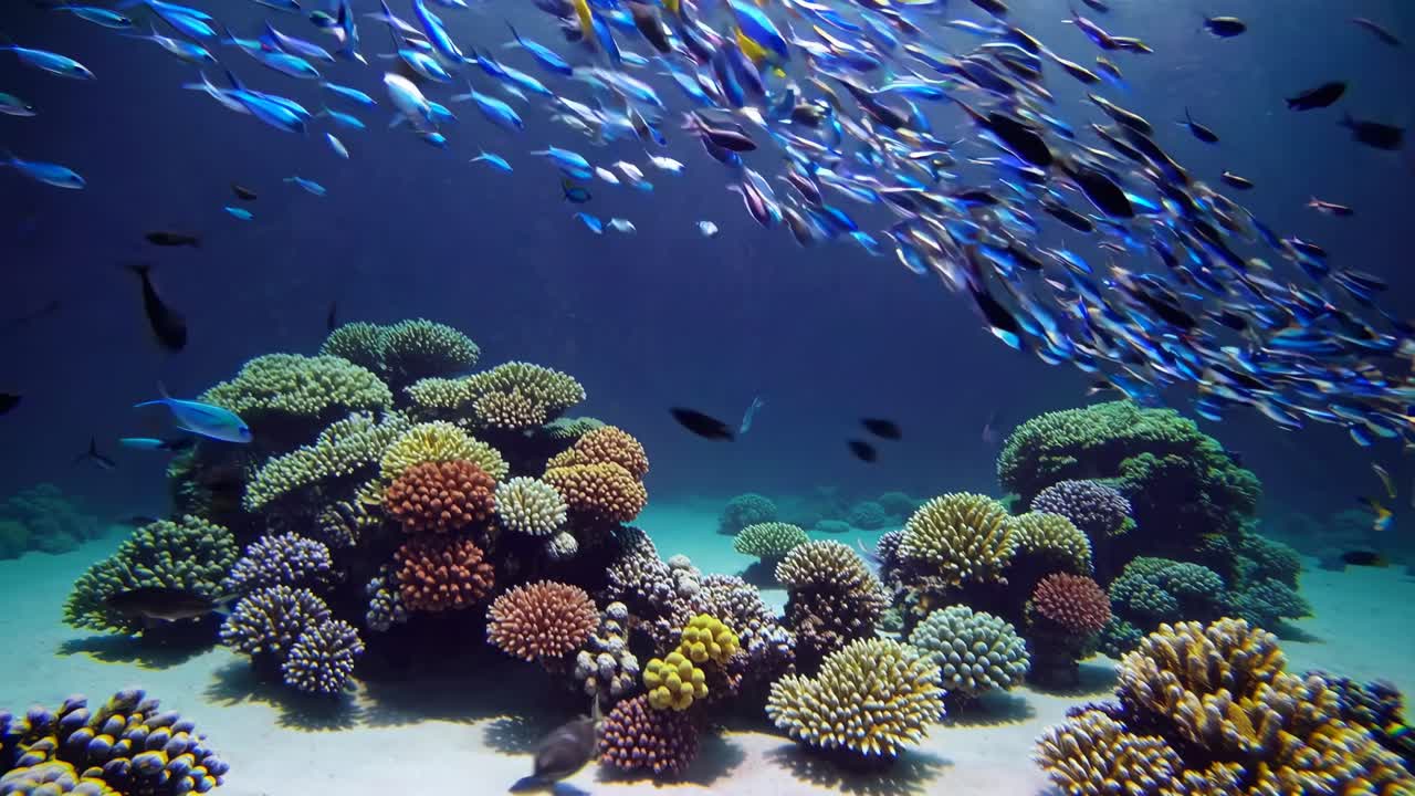 Underwater video capturing vibrant coral reefs and a school of fish from a wide-angle perspective