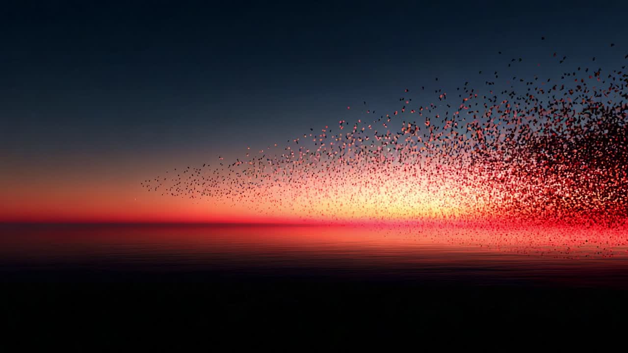 An Enchanting Display of Nature's Beauty at Dusk as Flocks of Birds Create a Mesmerizing Pattern against a Vibrant Sunset Sky over Tranquil Waters, Captured in Two Frames